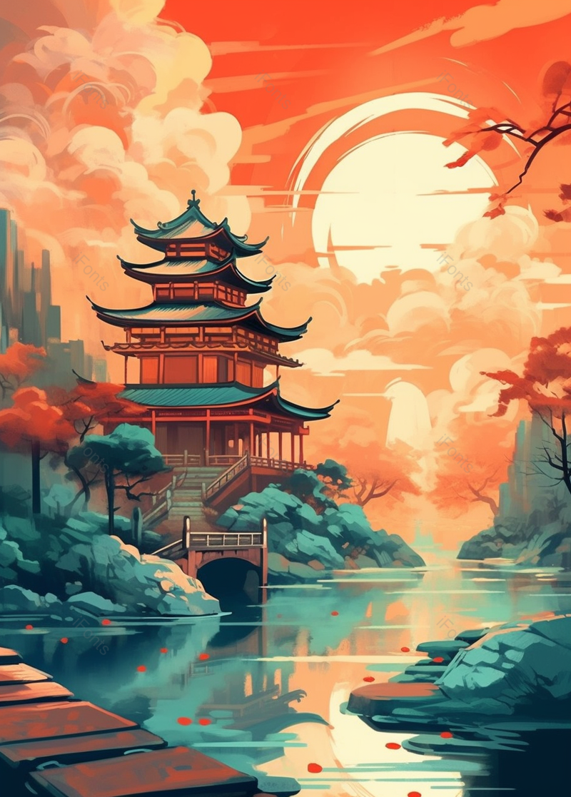 国潮插画古代建筑山水风景图,插画/手绘图,插画/手绘图库,插画/手绘图下载,插画/手绘